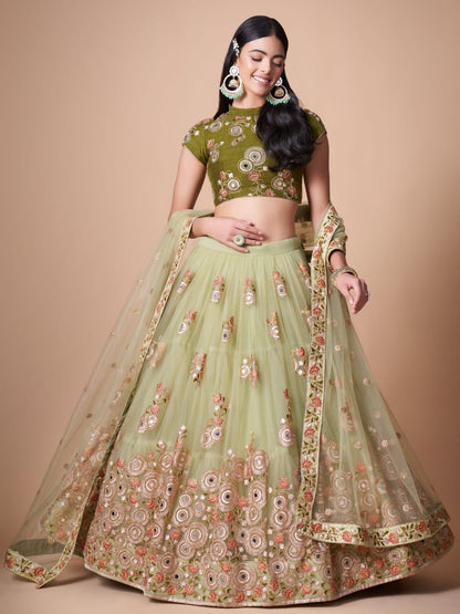 Odette Green Soft Net Embroidered Semi Stitched Lehenga With Blouse For Women