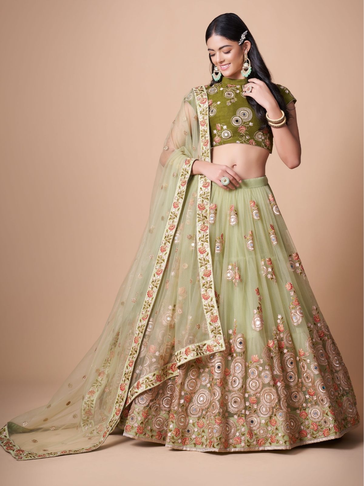 Odette Green Soft Net Embroidered Semi Stitched Lehenga With Blouse For Women