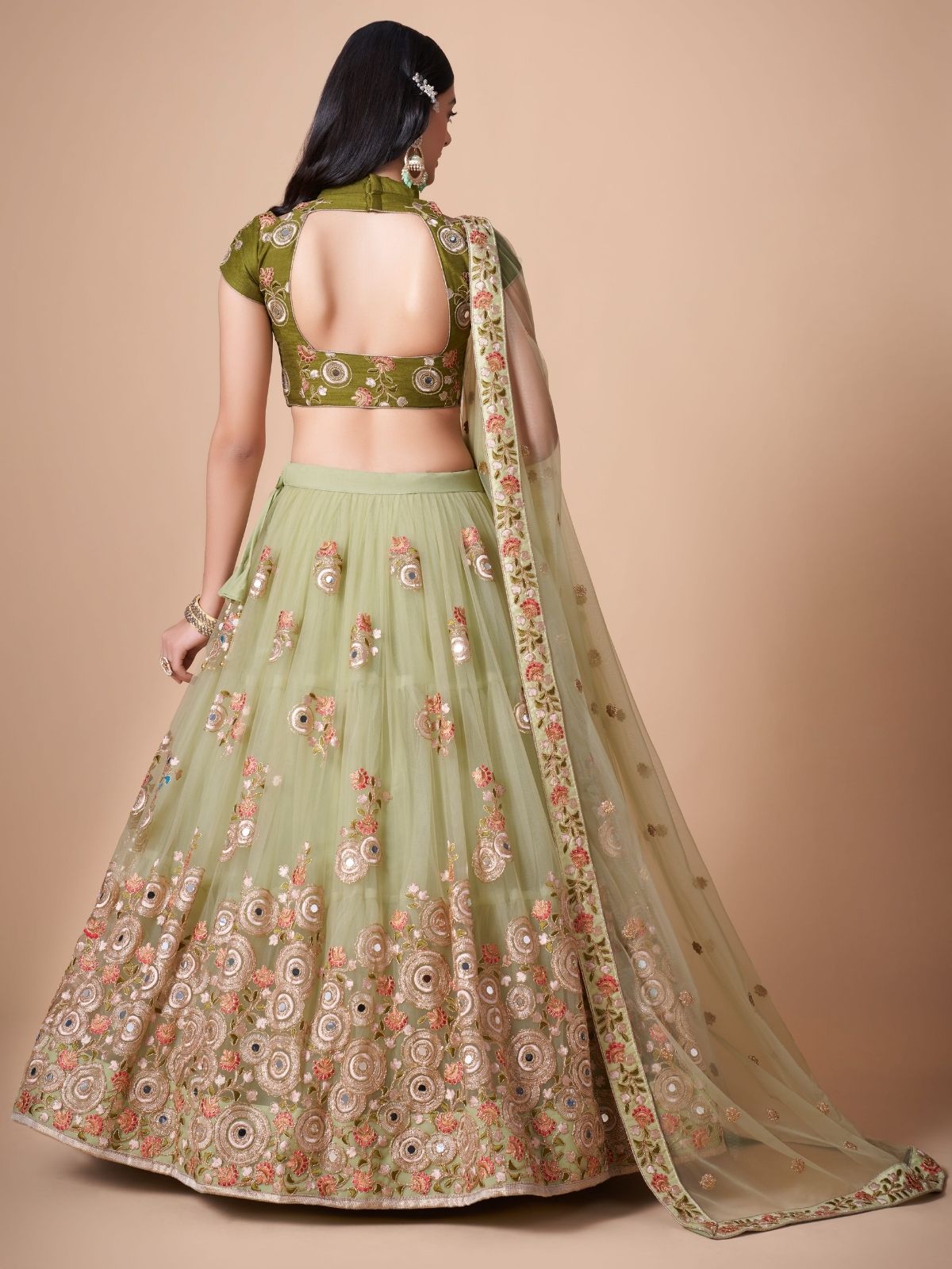 Odette Green Soft Net Embroidered Semi Stitched Lehenga With Blouse For Women