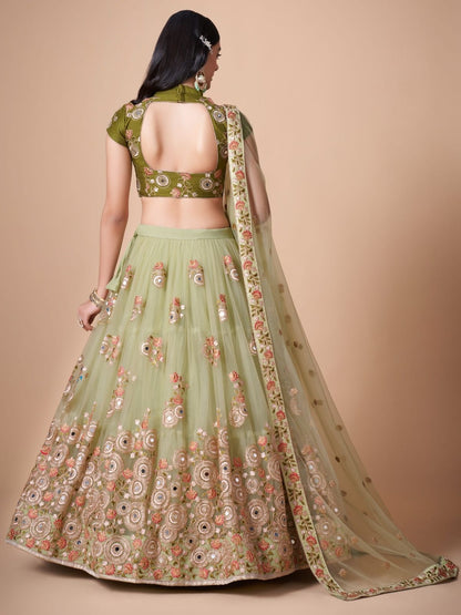 Odette Green Soft Net Embroidered Semi Stitched Lehenga With Blouse For Women