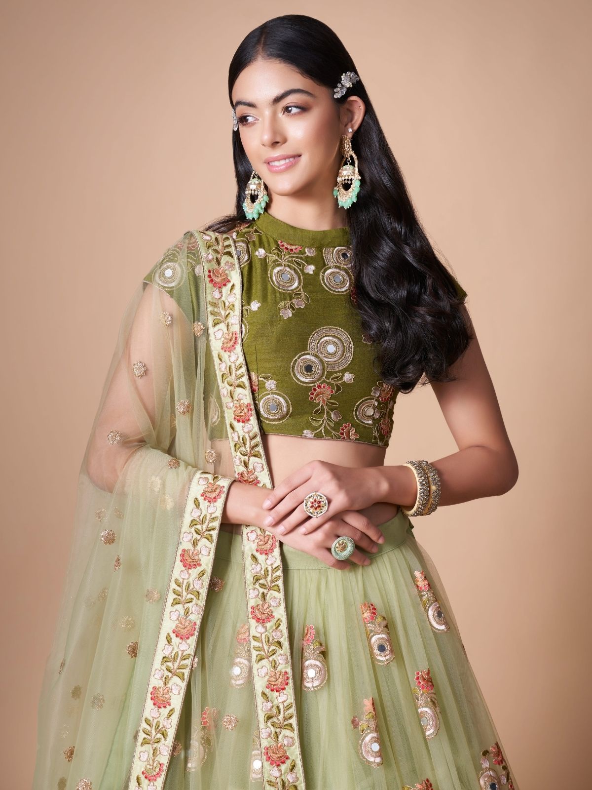 Odette Green Soft Net Embroidered Semi Stitched Lehenga With Blouse For Women