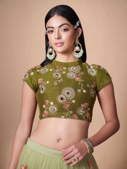 Odette Green Soft Net Embroidered Semi Stitched Lehenga With Blouse For Women