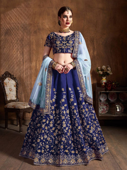 Odette Blue Silk Blend Embroidered Semi Stitched Lehenga With Blouse For Women