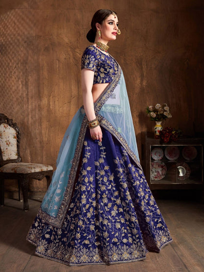 Odette Blue Silk Blend Embroidered Semi Stitched Lehenga With Blouse For Women