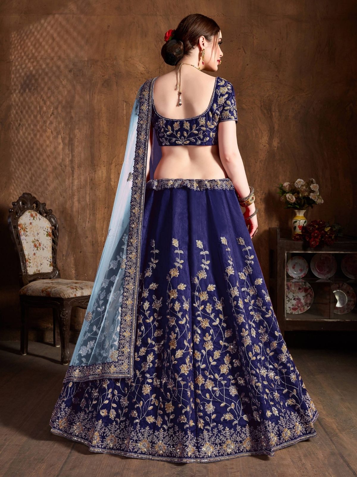 Odette Blue Silk Blend Embroidered Semi Stitched Lehenga With Blouse For Women