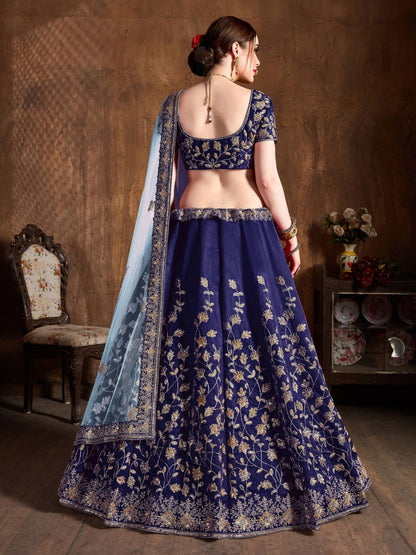 Odette Blue Silk Blend Embroidered Semi Stitched Lehenga With Blouse For Women