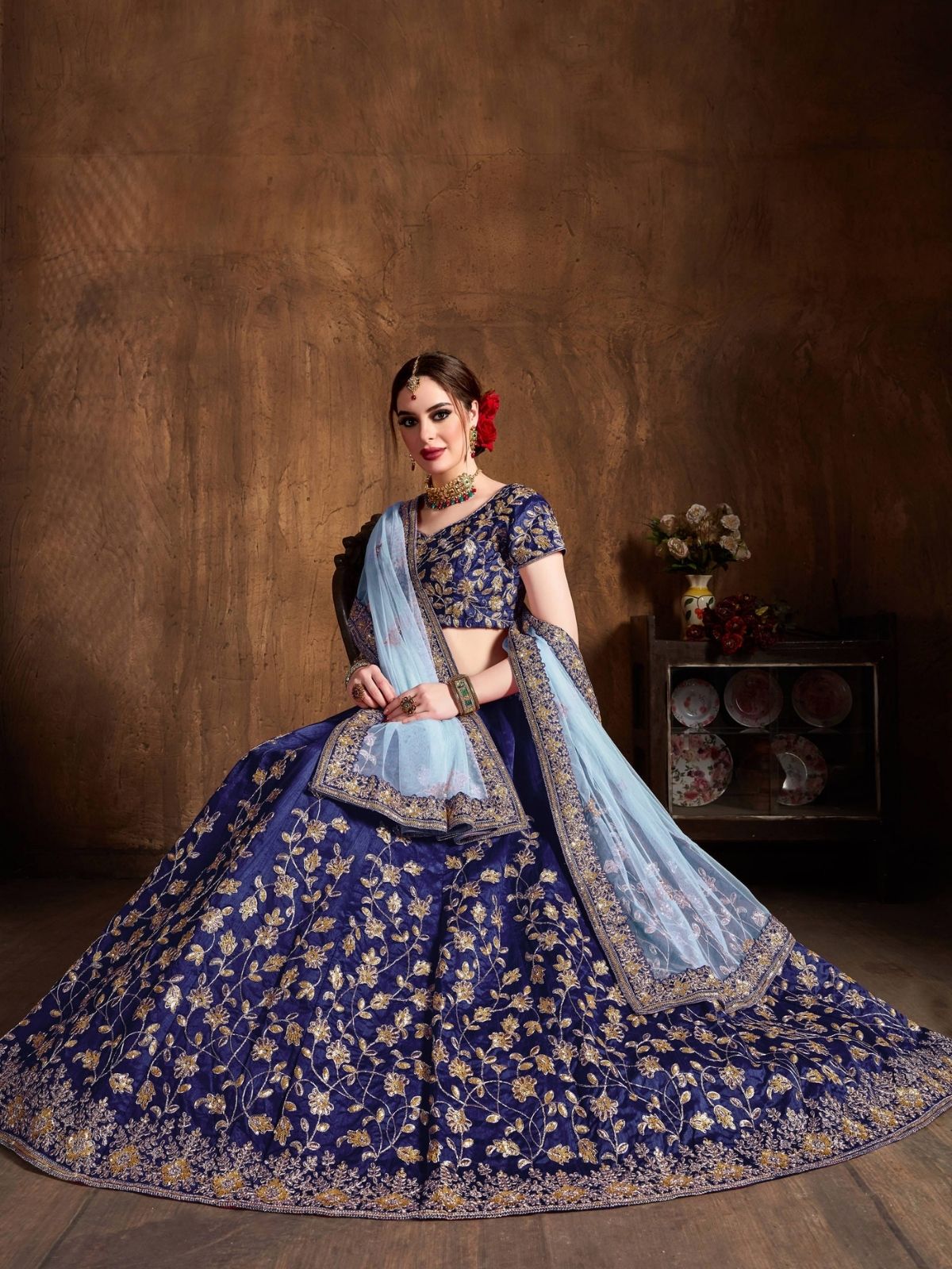 Odette Blue Silk Blend Embroidered Semi Stitched Lehenga With Blouse For Women