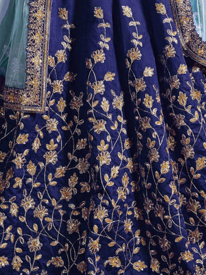 Odette Blue Silk Blend Embroidered Semi Stitched Lehenga With Blouse For Women