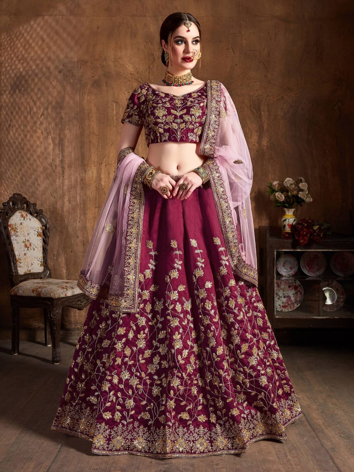 Odette Maroon Silk Blend Embroidered Semi Stitched Lehenga With Blouse For Women