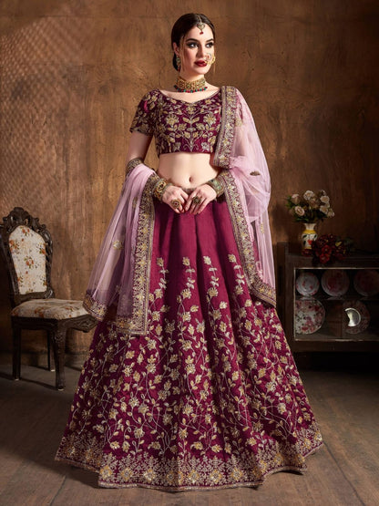 Odette Maroon Silk Blend Embroidered Semi Stitched Lehenga With Blouse For Women