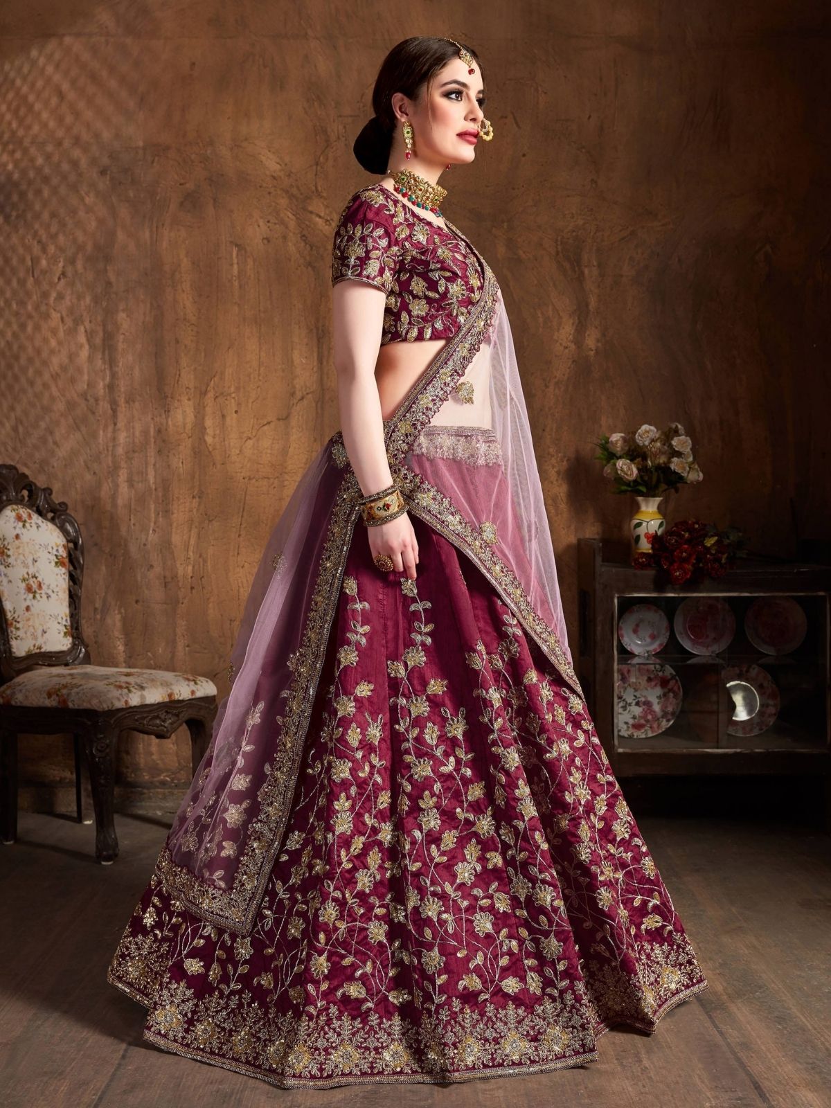 Odette Maroon Silk Blend Embroidered Semi Stitched Lehenga With Blouse For Women