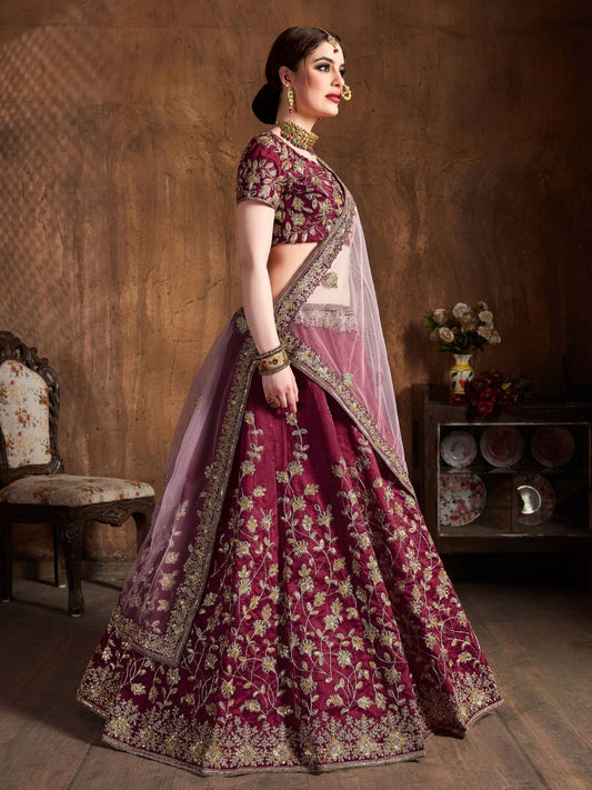 Odette Maroon Silk Blend Embroidered Semi Stitched Lehenga With Blouse For Women