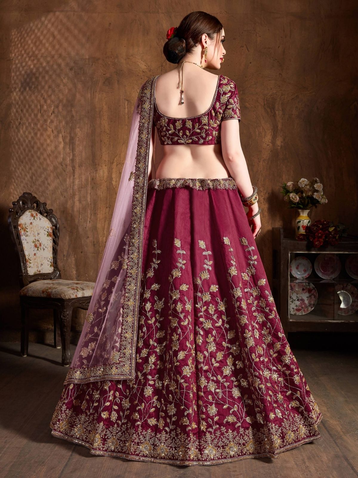 Odette Maroon Silk Blend Embroidered Semi Stitched Lehenga With Blouse For Women