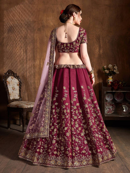Odette Maroon Silk Blend Embroidered Semi Stitched Lehenga With Blouse For Women