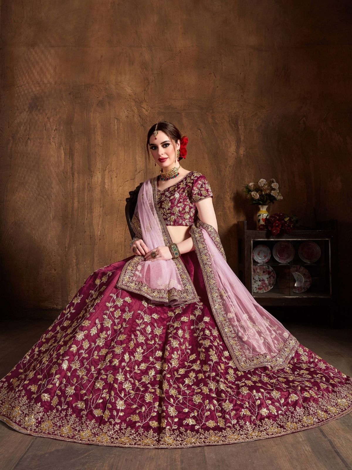 Odette Maroon Silk Blend Embroidered Semi Stitched Lehenga With Blouse For Women