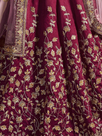 Odette Maroon Silk Blend Embroidered Semi Stitched Lehenga With Blouse For Women