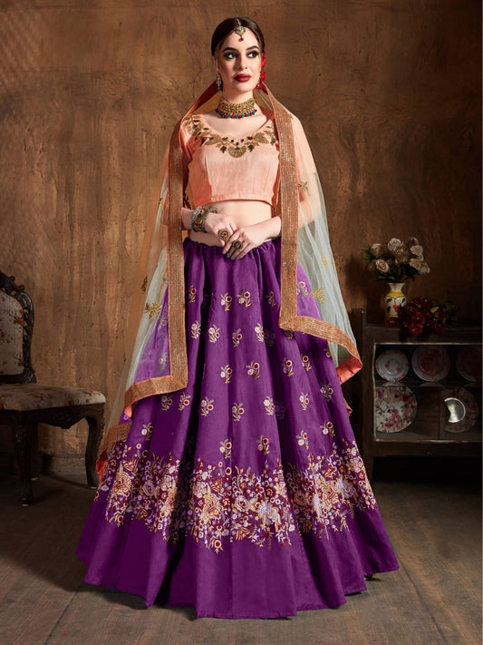 Odette Purple Silk Blend Embroidered Semi Stitched Lehenga With Blouse For Women