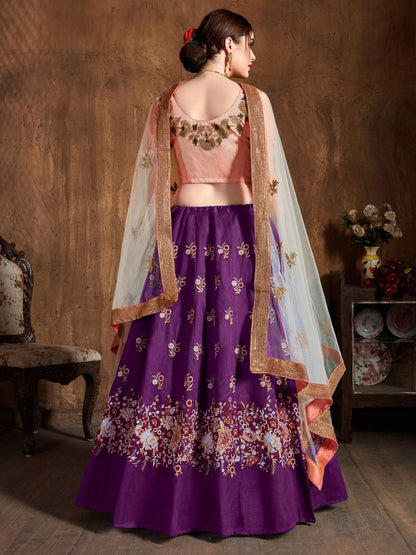 Odette Purple Silk Blend Embroidered Semi Stitched Lehenga With Blouse For Women