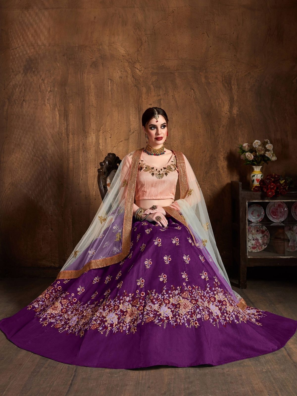 Odette Purple Silk Blend Embroidered Semi Stitched Lehenga With Blouse For Women