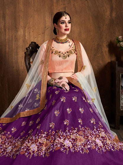 Odette Purple Silk Blend Embroidered Semi Stitched Lehenga With Blouse For Women