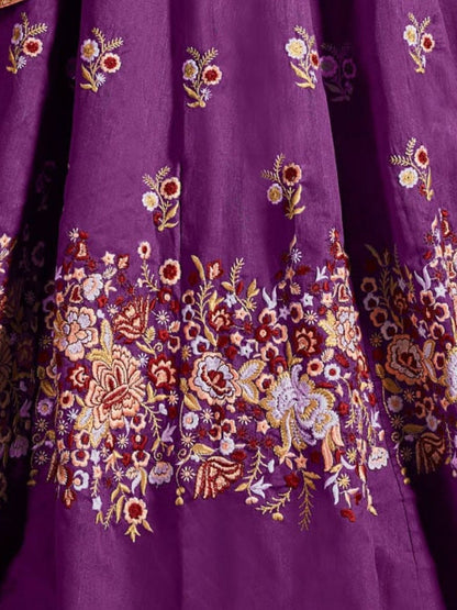 Odette Purple Silk Blend Embroidered Semi Stitched Lehenga With Blouse For Women