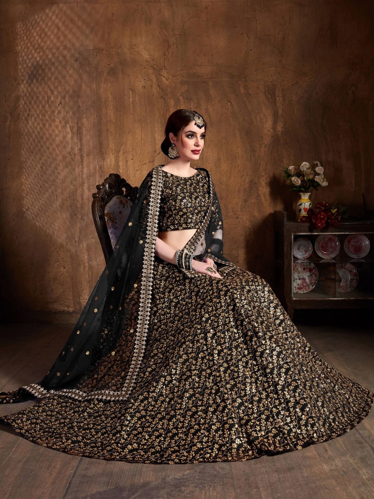 Odette Black Silk Blend Embroidered Semi Stitched Lehenga With Blouse For Women