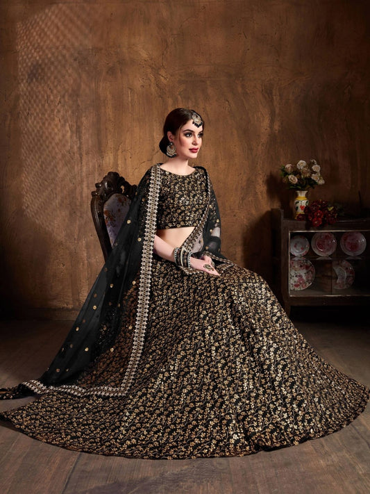 Odette Black Silk Blend Embroidered Semi Stitched Lehenga With Blouse For Women
