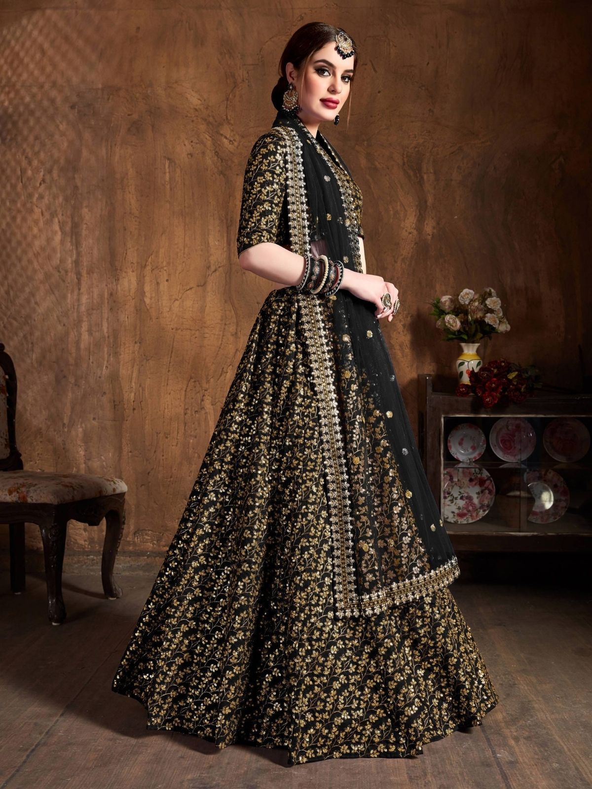 Odette Black Silk Blend Embroidered Semi Stitched Lehenga With Blouse For Women