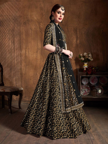 Odette Black Silk Blend Embroidered Semi Stitched Lehenga With Blouse For Women