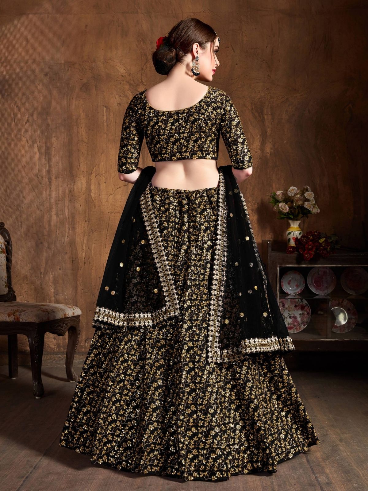 Odette Black Silk Blend Embroidered Semi Stitched Lehenga With Blouse For Women