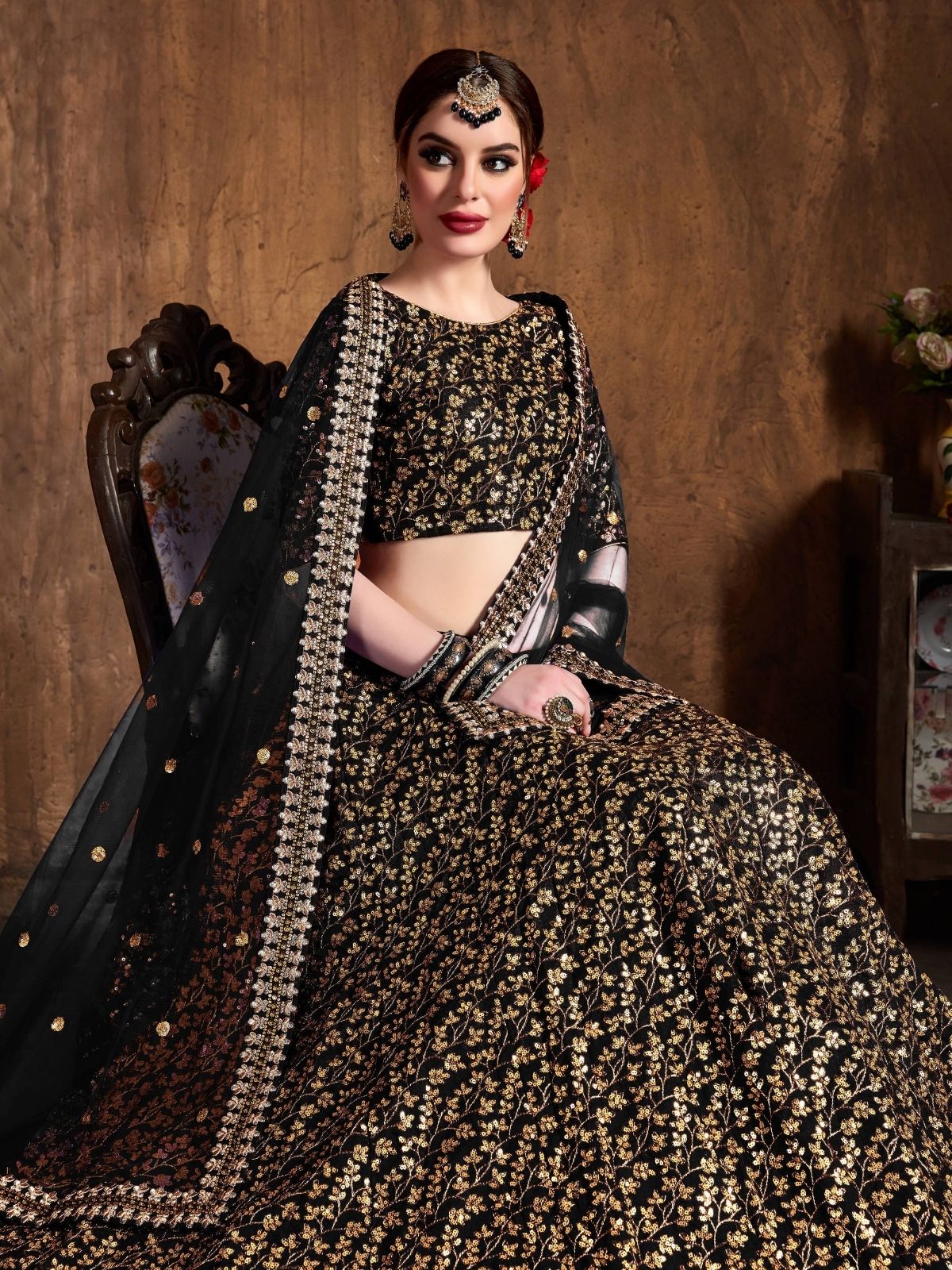 Odette Black Silk Blend Embroidered Semi Stitched Lehenga With Blouse For Women