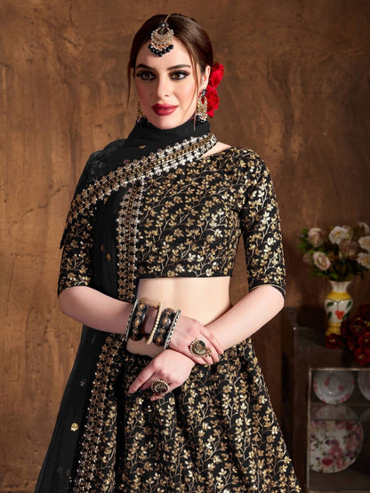 Odette Black Silk Blend Embroidered Semi Stitched Lehenga With Blouse For Women