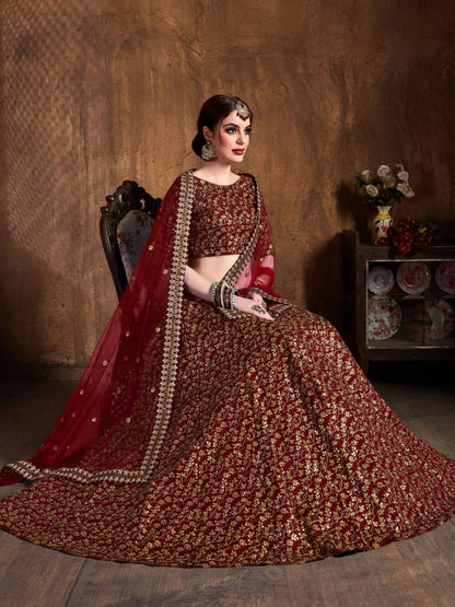 Odette Maroon Silk Blend Embroidered Semi Stitched Lehenga With Blouse For Women