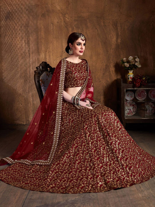 Odette Maroon Silk Blend Embroidered Semi Stitched Lehenga With Blouse For Women
