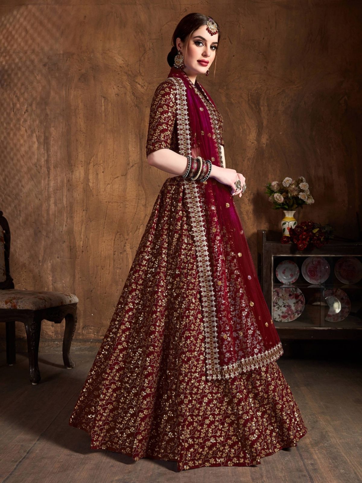 Odette Maroon Silk Blend Embroidered Semi Stitched Lehenga With Blouse For Women