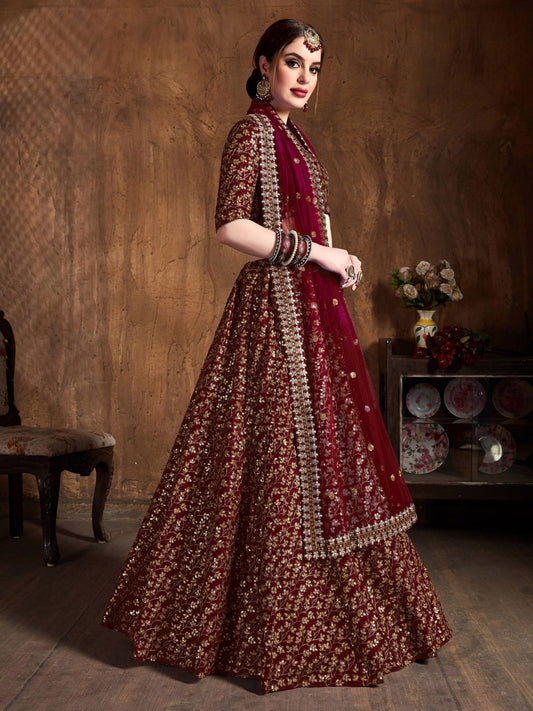 Odette Maroon Silk Blend Embroidered Semi Stitched Lehenga With Blouse For Women