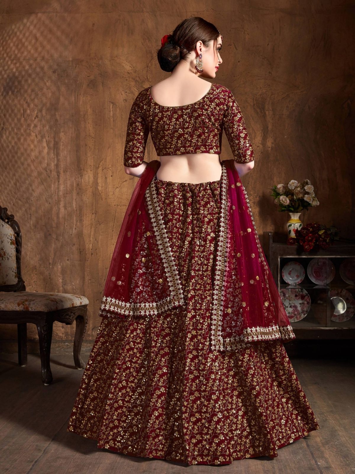 Odette Maroon Silk Blend Embroidered Semi Stitched Lehenga With Blouse For Women