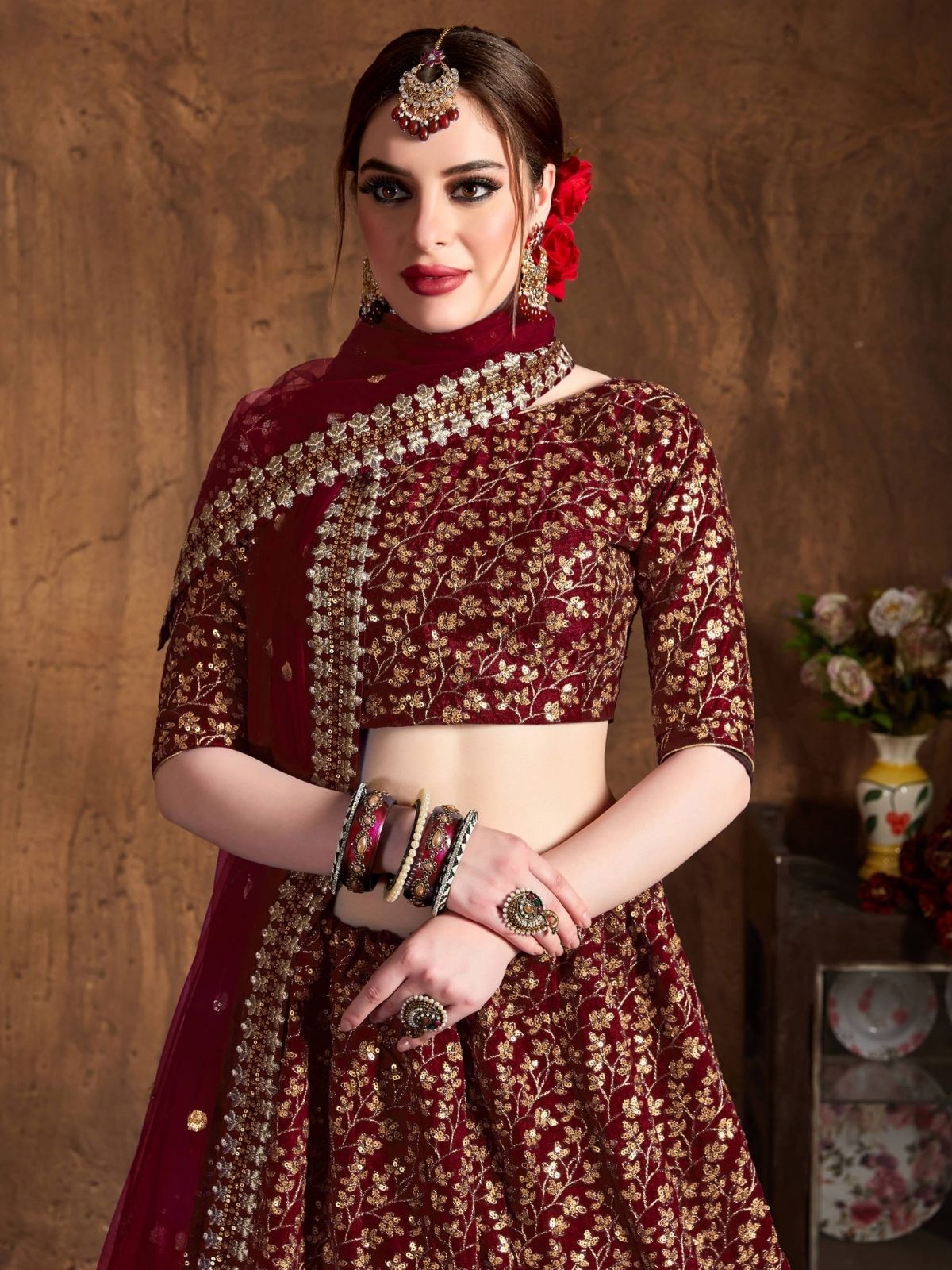 Odette Maroon Silk Blend Embroidered Semi Stitched Lehenga With Blouse For Women