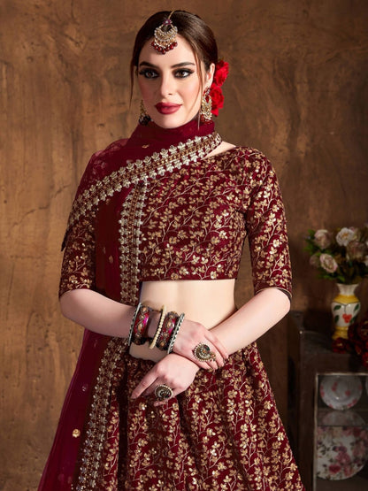 Odette Maroon Silk Blend Embroidered Semi Stitched Lehenga With Blouse For Women