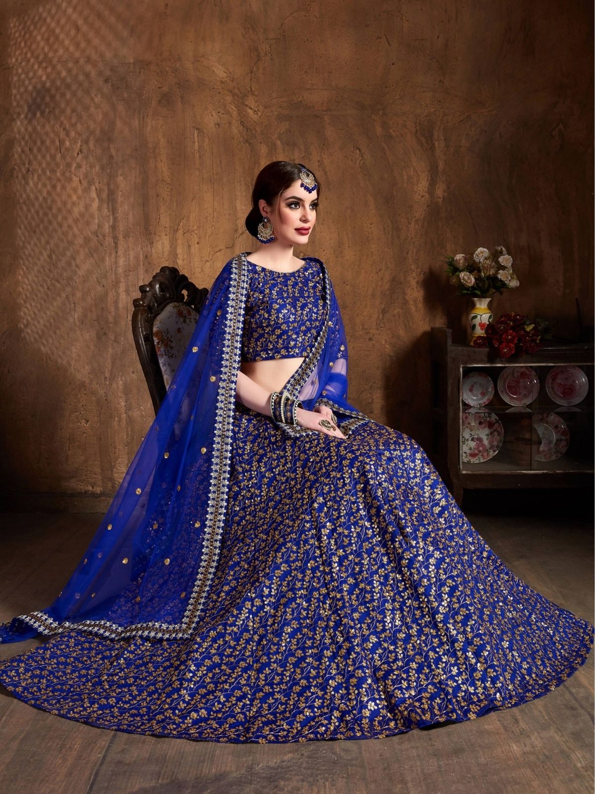 Odette Blue Silk Blend Embroidered Semi Stitched Lehenga With Blouse For Women