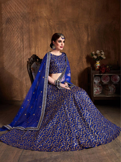 Odette Blue Silk Blend Embroidered Semi Stitched Lehenga With Blouse For Women