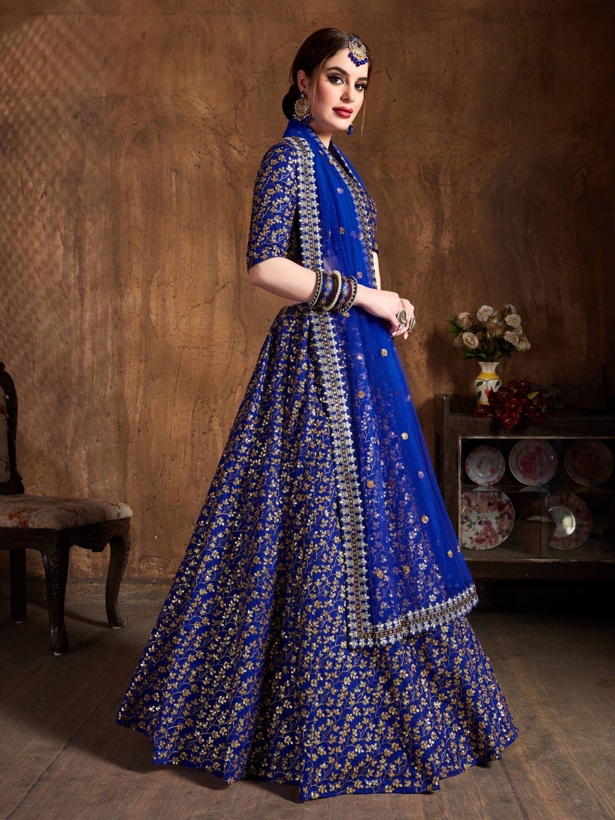 Odette Blue Silk Blend Embroidered Semi Stitched Lehenga With Blouse For Women
