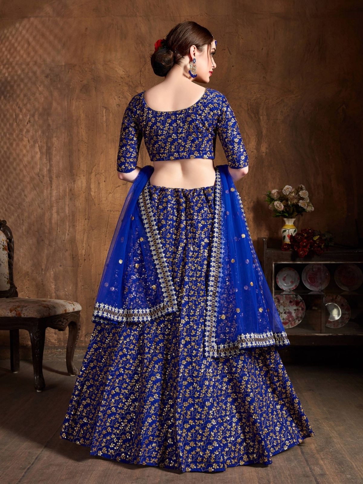 Odette Blue Silk Blend Embroidered Semi Stitched Lehenga With Blouse For Women