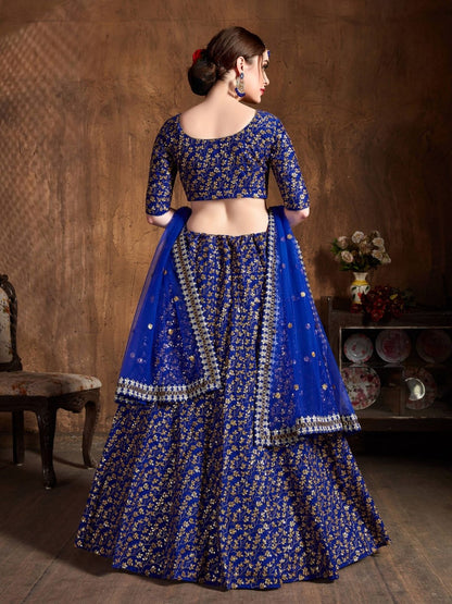 Odette Blue Silk Blend Embroidered Semi Stitched Lehenga With Blouse For Women