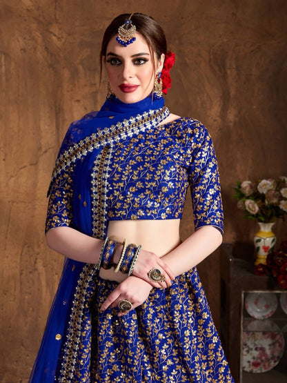 Odette Blue Silk Blend Embroidered Semi Stitched Lehenga With Blouse For Women
