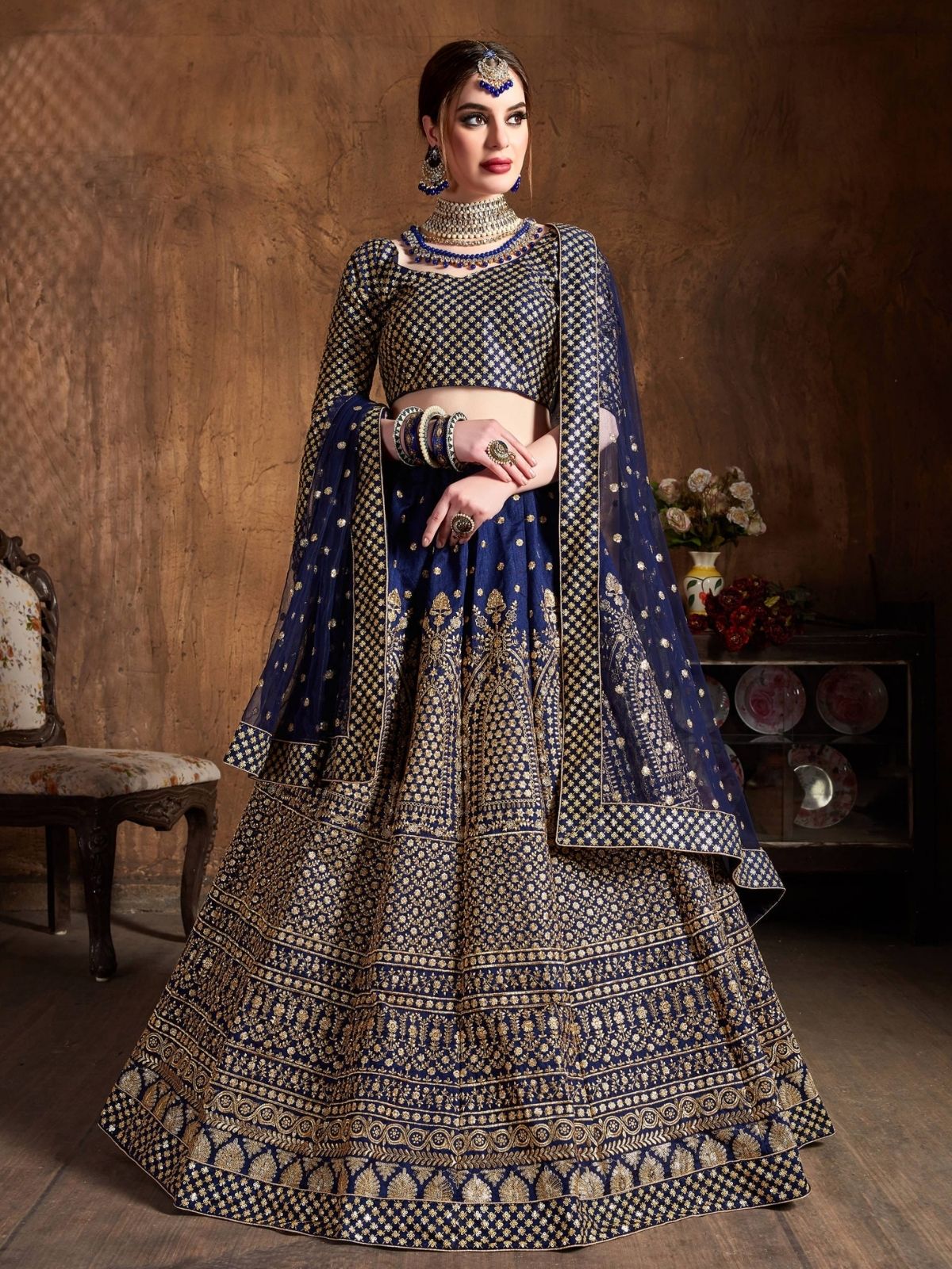 Odette Navy Blue And Gold Silk Blend Embroidered Semi Stitched Lehenga With Blouse For Women