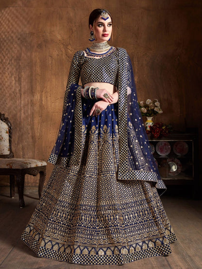 Odette Navy Blue And Gold Silk Blend Embroidered Semi Stitched Lehenga With Blouse For Women