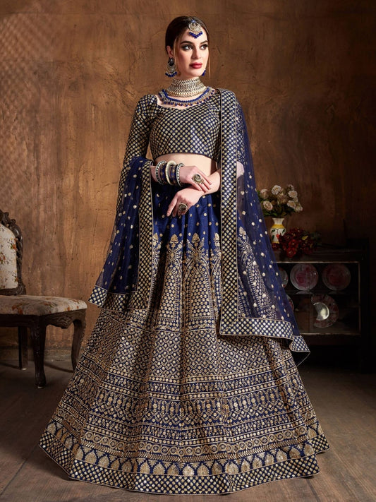Odette Navy Blue And Gold Silk Blend Embroidered Semi Stitched Lehenga With Blouse For Women