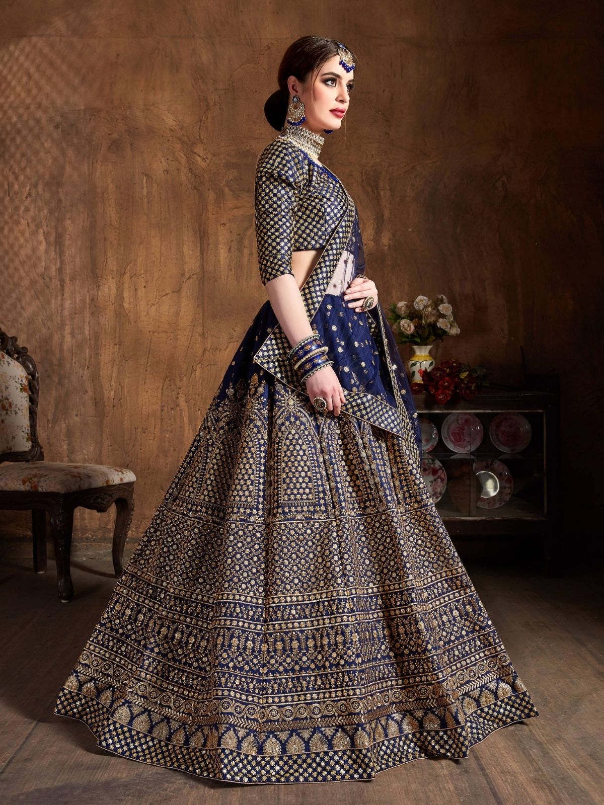 Odette Navy Blue And Gold Silk Blend Embroidered Semi Stitched Lehenga With Blouse For Women