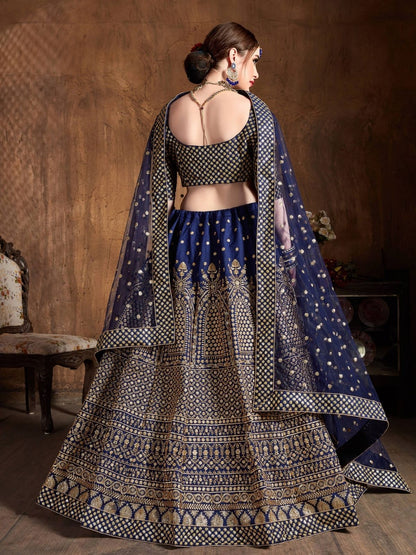 Odette Navy Blue And Gold Silk Blend Embroidered Semi Stitched Lehenga With Blouse For Women